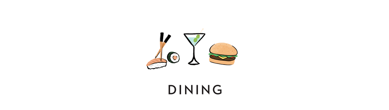 Image of a sushi, cocktail and hamburguer