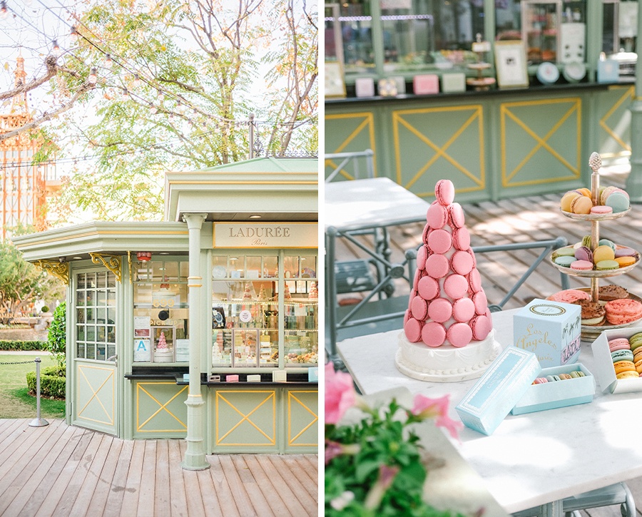 Laduree facade and pink macarons