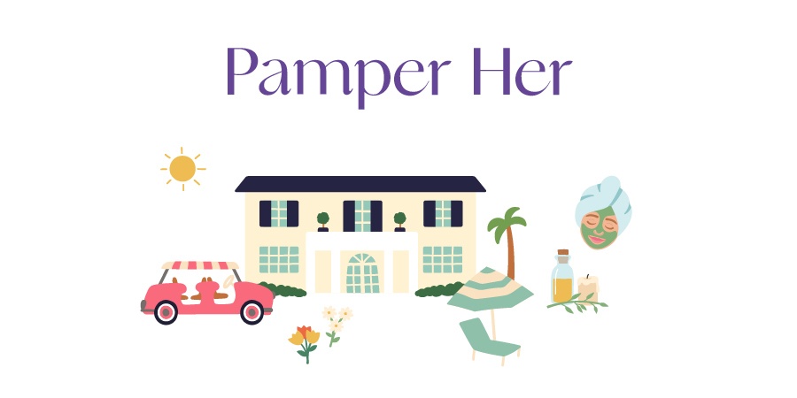 Pamper Mother, an image with a building a car, umbrella and skin products