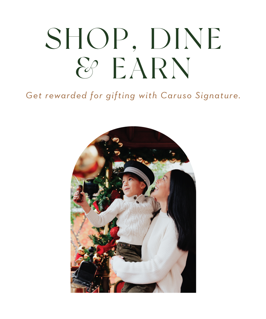 Text: Shop, Dine and Earn. Get rewarded for gifting with Caruso Signature. Image: Mom holding son on train.