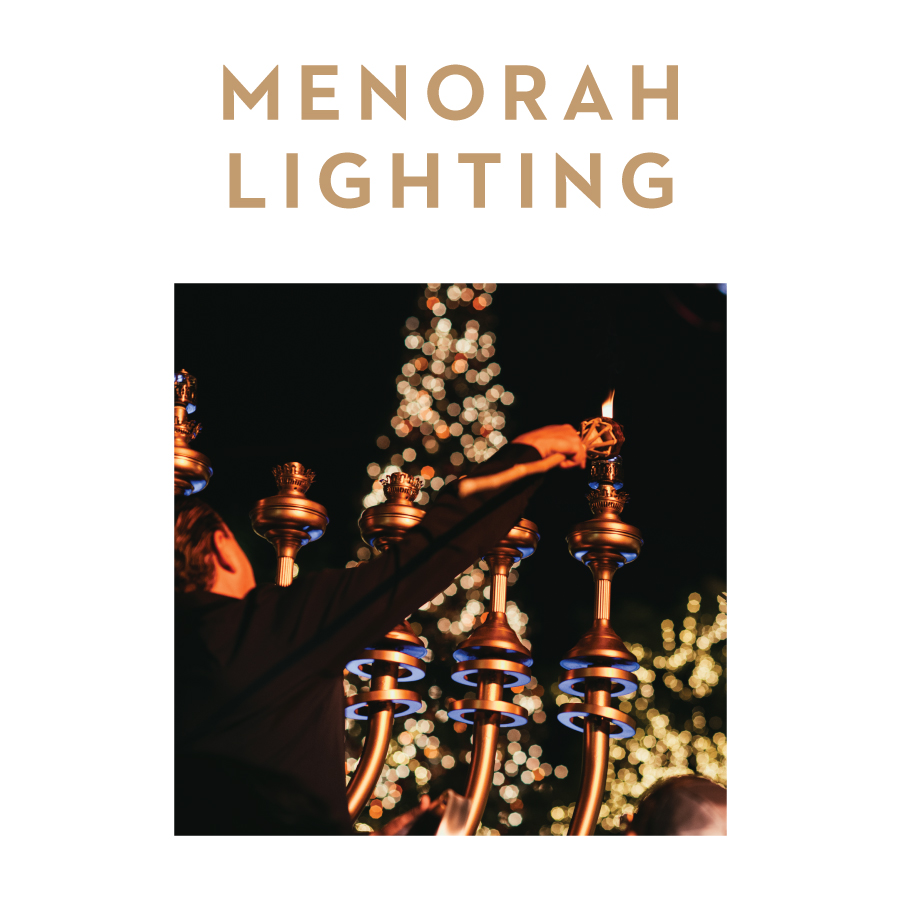 "Menorah Lighting" Text with someone lighting a Menorah